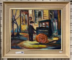 OIL ON BOARD - STREET VENDOR - SIGNED 39CMS (H) X 49CMS (W) INNER FRAME APPROX
