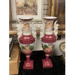 PAIR OF LARGE RED PORCELAIN SPHINX HANDLE VASES 63.5CMS (H) APPROX