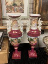 PAIR OF LARGE RED PORCELAIN SPHINX HANDLE VASES 63.5CMS (H) APPROX