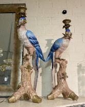 PORCELAIN PARROT CANDLESTICKS A/F 53.5CMS (H) APPROX