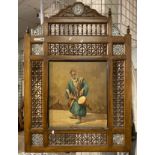 OIL ON CANVAS - ARAB DRUMMER - WITH BEADED WOODEN FRAME & MOTHER OF PEARL INLAY 50CMS (H) X 44CMS (