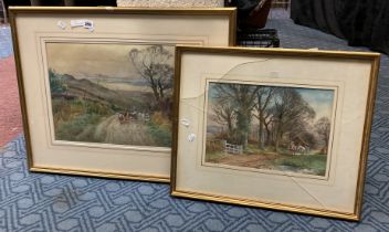 TWO FRAMED WATERCOLOURS BY H.C FOX ''FARM LANE WITH HORSES'' & ''COUNTRY SHEPARDESS''