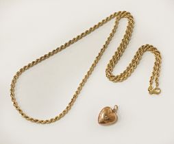 9CT GOLD ROPE CHAIN & HEART LOCKET 7.5 GRAMS APPROX