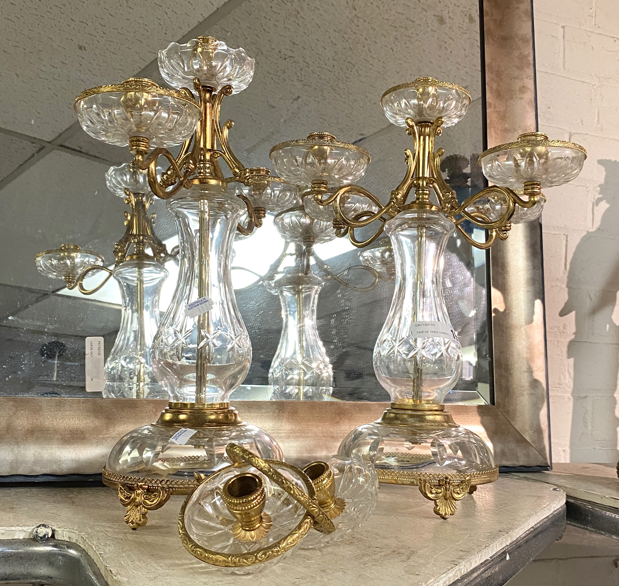 PAIR OF TABLE CANDELABRAS BRASS & GLASS 40CMS (H) APPROX