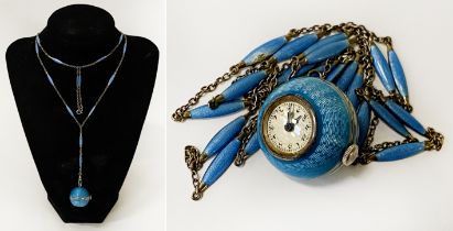 GUILLOCHE SILVER GILT BLUE ENAMEL BALL WATCH PENDANT- MADE BY DIFISHEIM SWITZERLAND 1930'S -