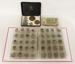 COLLECTION OF COINS - SOME EARLY, SOME SILVER ETC & BANKNOTES