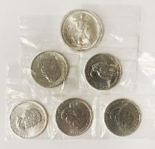 FIVE CANADIAN 1OZ SILVER COINS WITH AN AMERICIAN 1OZ SILVER COIN