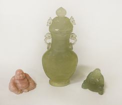 JADE VASE, JADE BUDDHA & ROSE QUARTZ BUDDHA