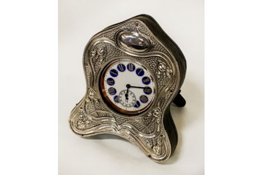 HM SILVER POCKET WATCH WITH ENAMEL FACE WITH SILVER DECORATIVE CASE 14CMS (H) APPROX - Image 1 of 2