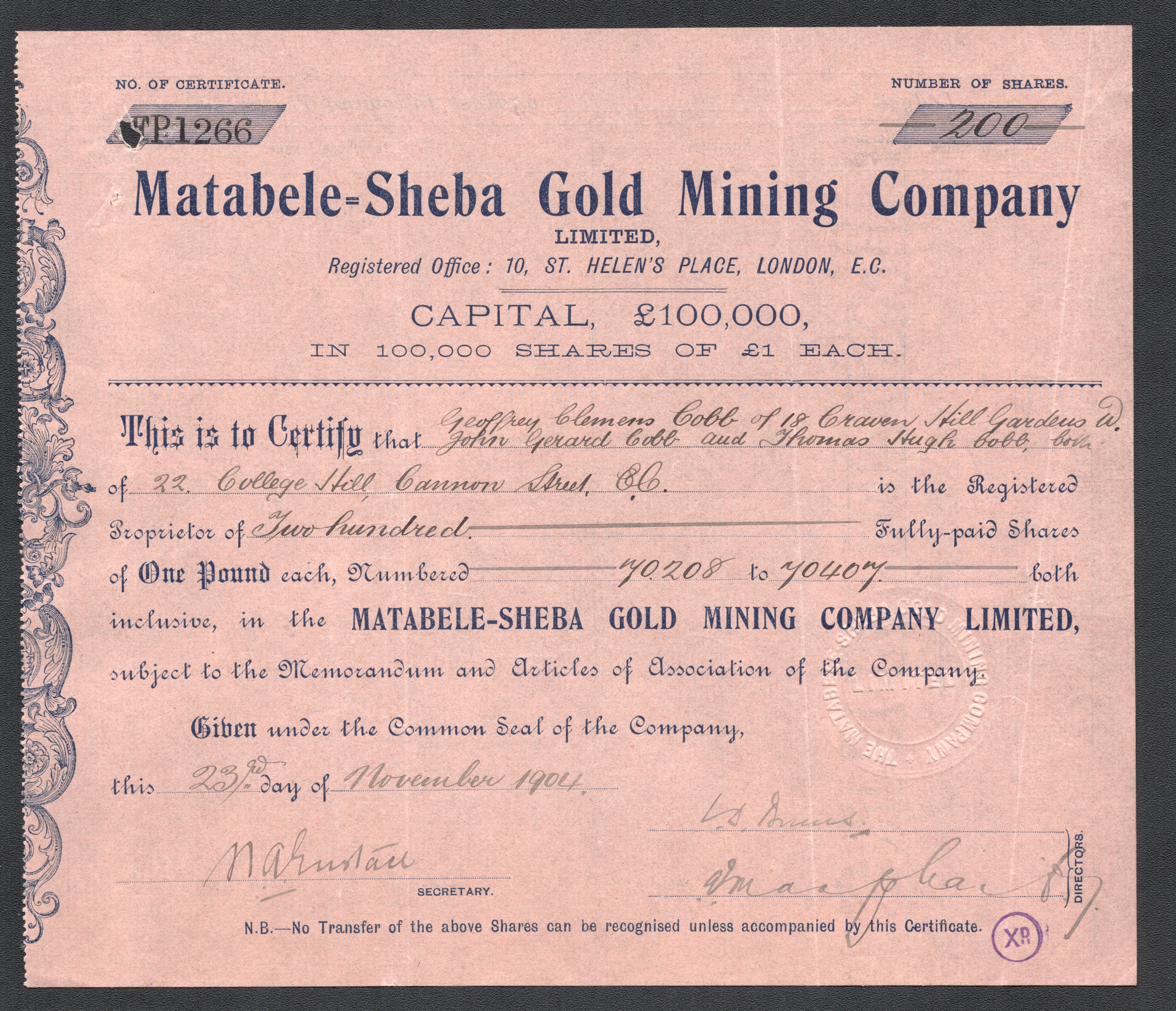 1904 SHARE CERTIFICATE MATABELE-SHEBA GOLD MINING COMPANY - 200 SHARES - RHODESIA A/F