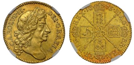 Charles II (1660-85), gold Guinea, 1676, fourth laureate head right, Latin legend and toothed border