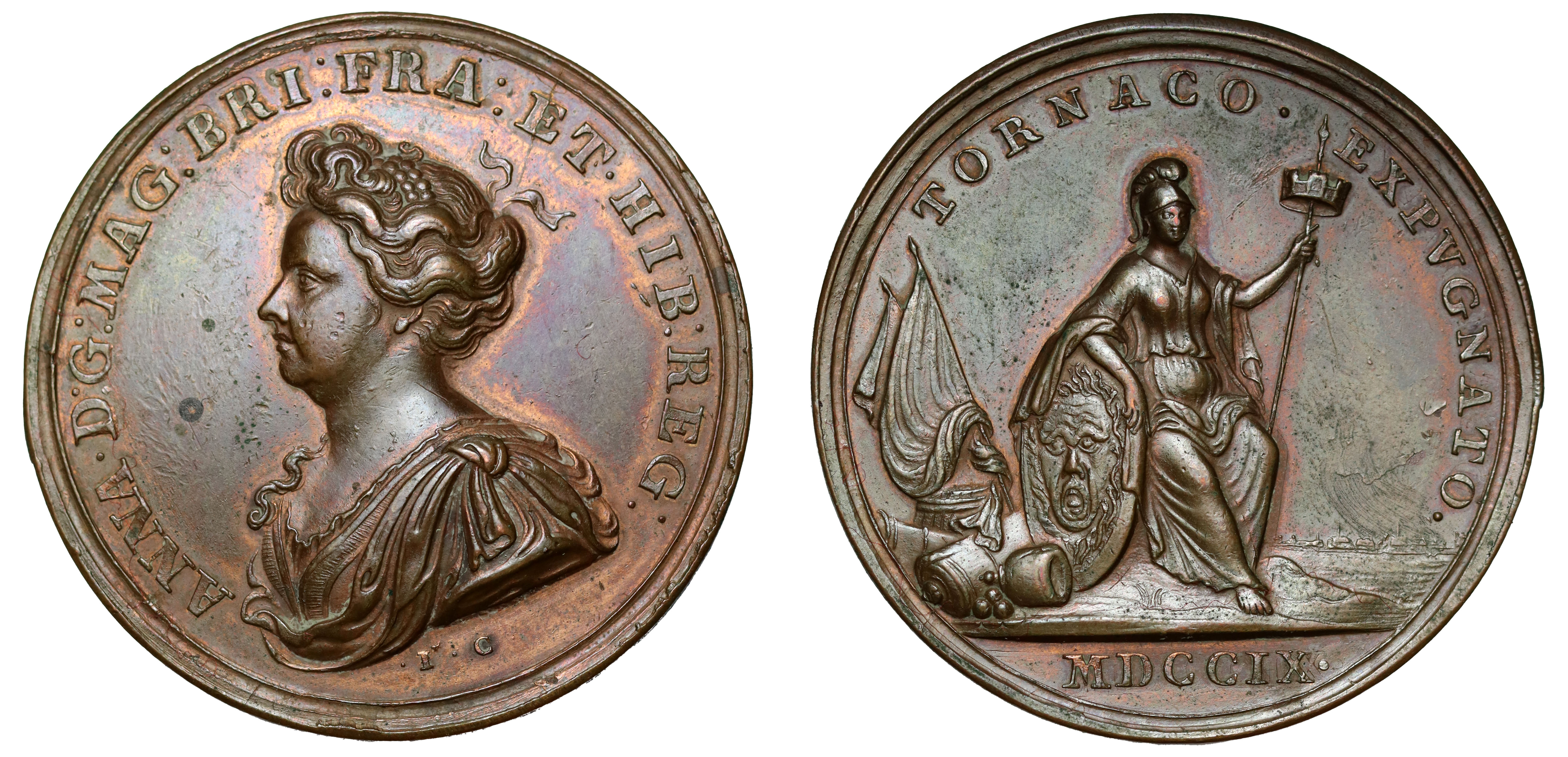 The Capture of Tournay, 1709, bronze Medal by John Croker, bust of Anne left, initials JC below