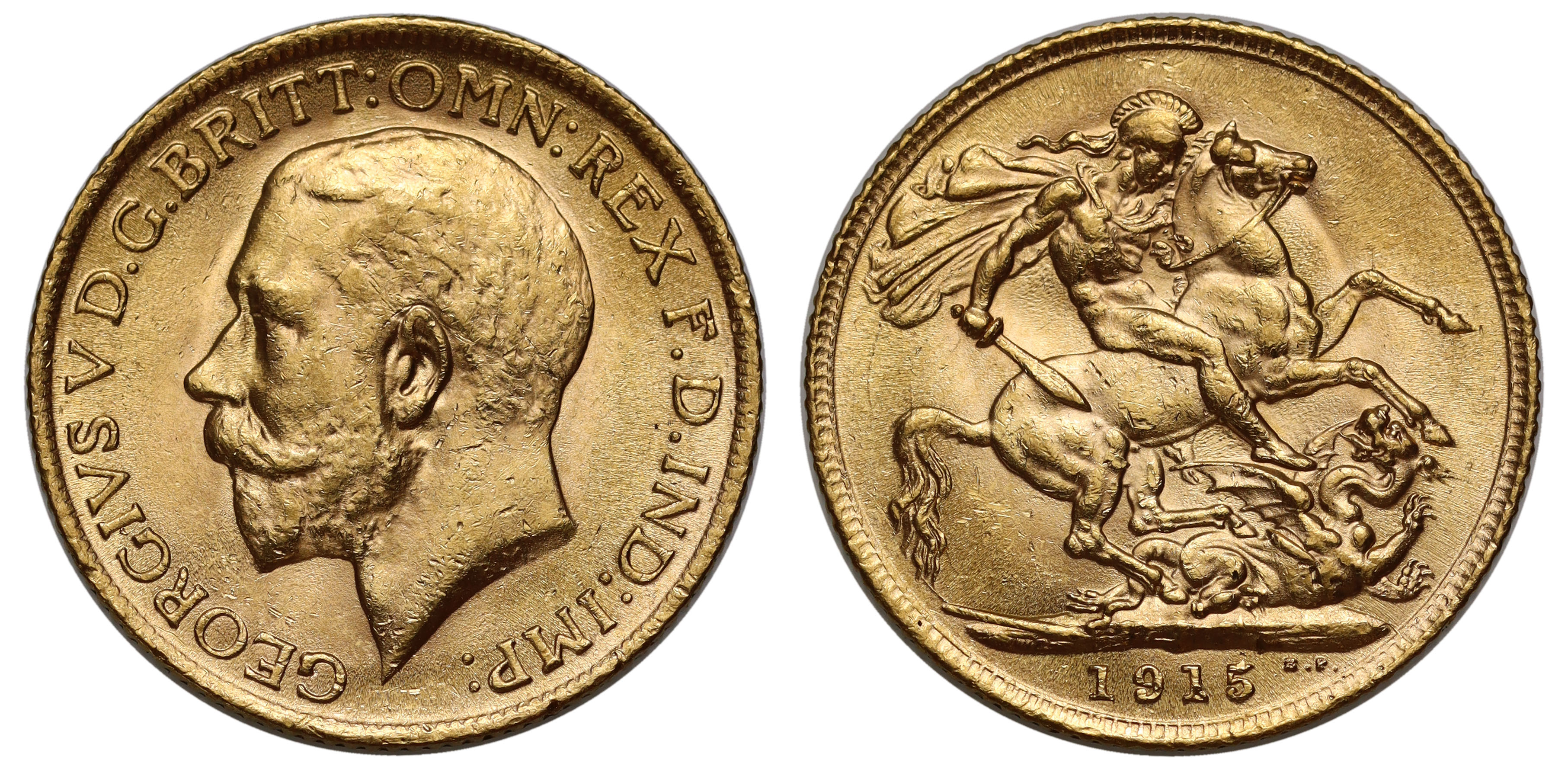 g George V (1910-36), gold Sovereign, 1915, bare head left, BM on truncation for engraver Bertram