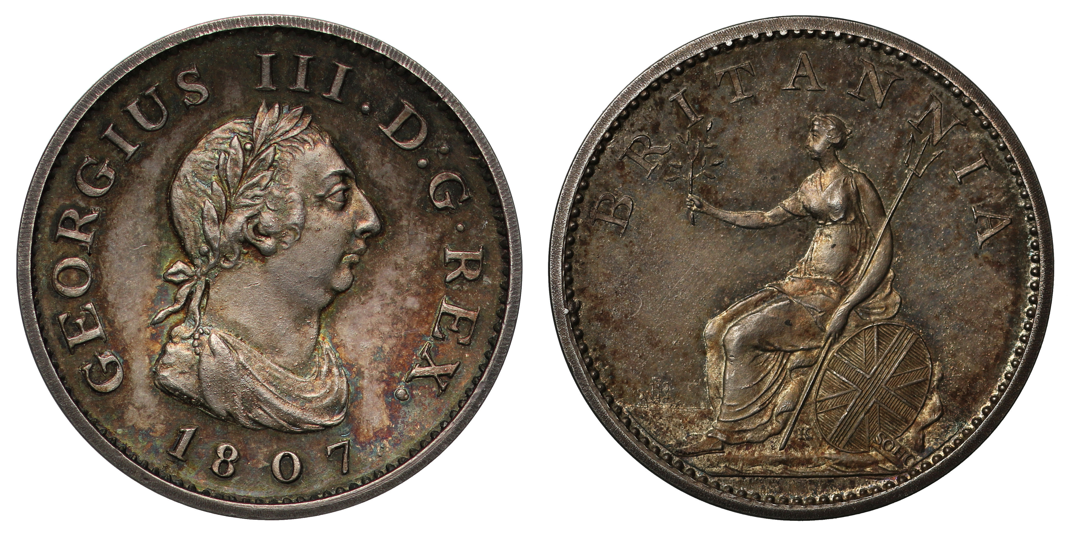 George III (1760-1820), Restrike silver Pattern Farthing, 1807, by W J Taylor, larger laureate and