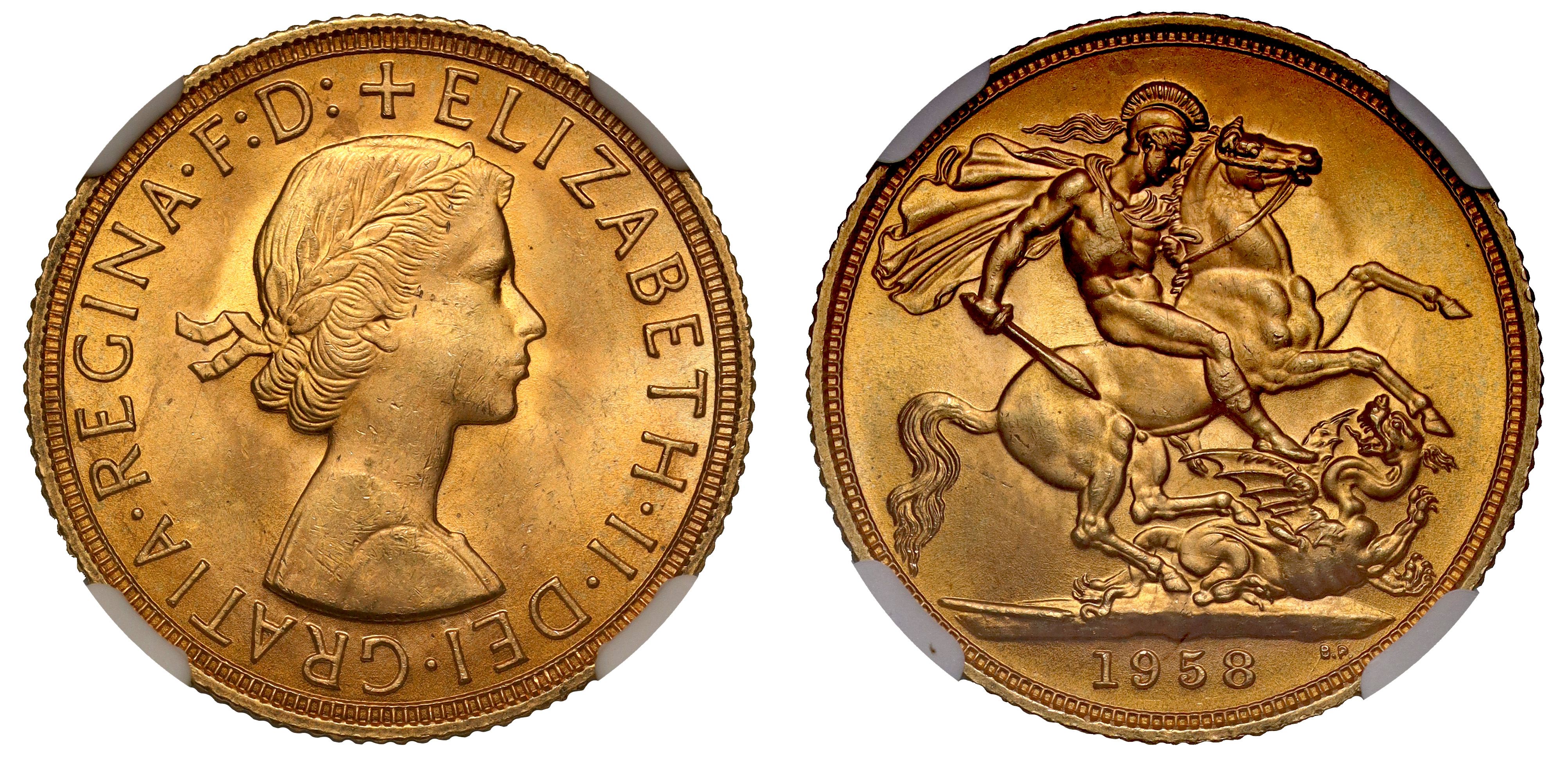 g Elizabeth II (1952-2022), gold Sovereign, 1958, young laureate head right, MG on truncation for
