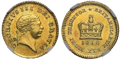 g George III (1760-1820), gold Third Guinea, 1810, third type, second laureate head right, Latin