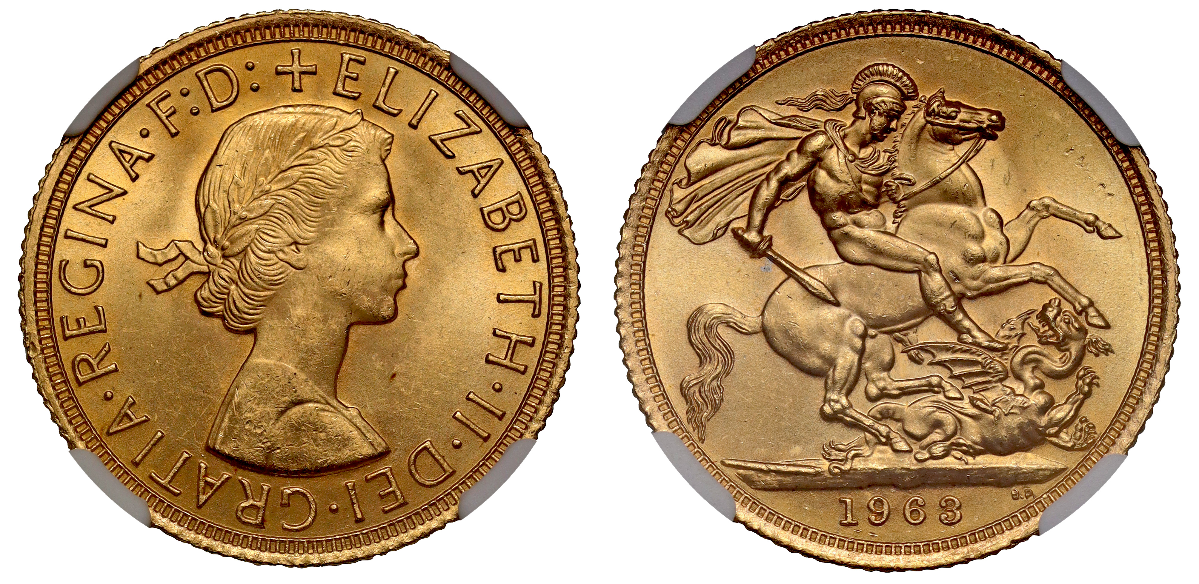 g Elizabeth II (1952-2022), gold Sovereign, 1963, young laureate head right, MG on truncation for