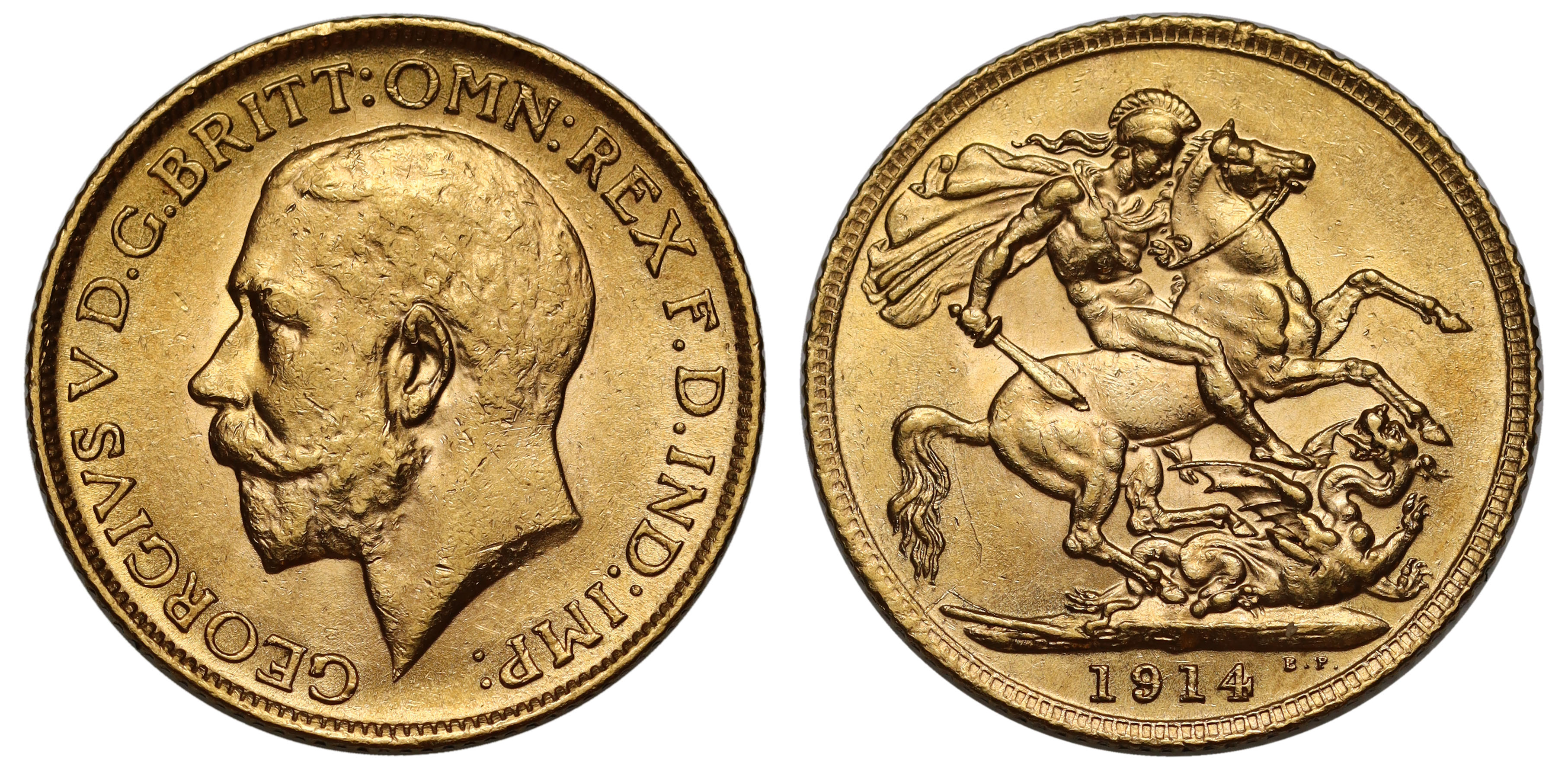 g George V (1910-36), gold Sovereign, 1914, bare head left, BM on truncation for engraver Bertram