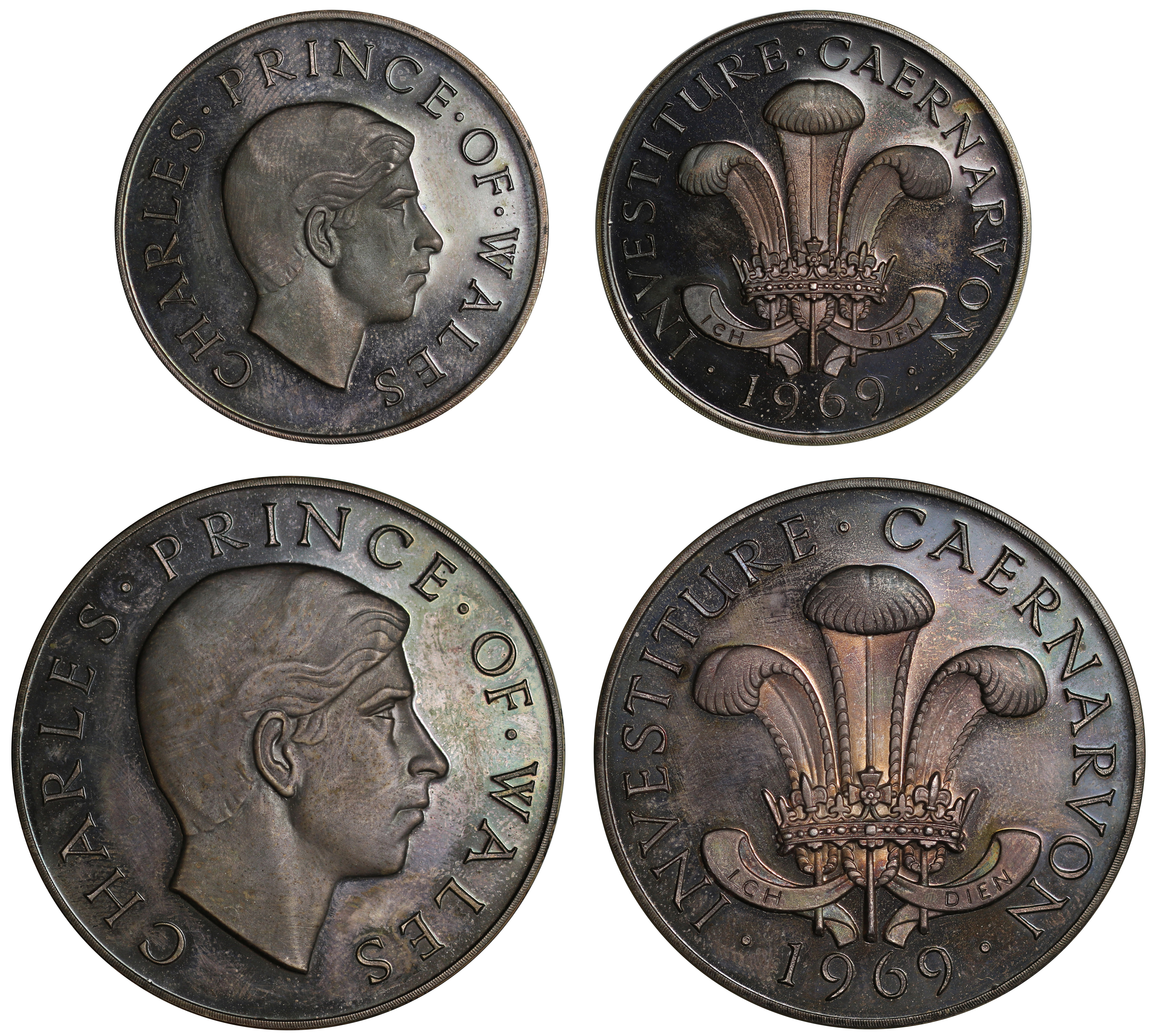 Charles, Prince of Wales, Investiture, 1969, sterling silver two-medal set, by John Pinches, head