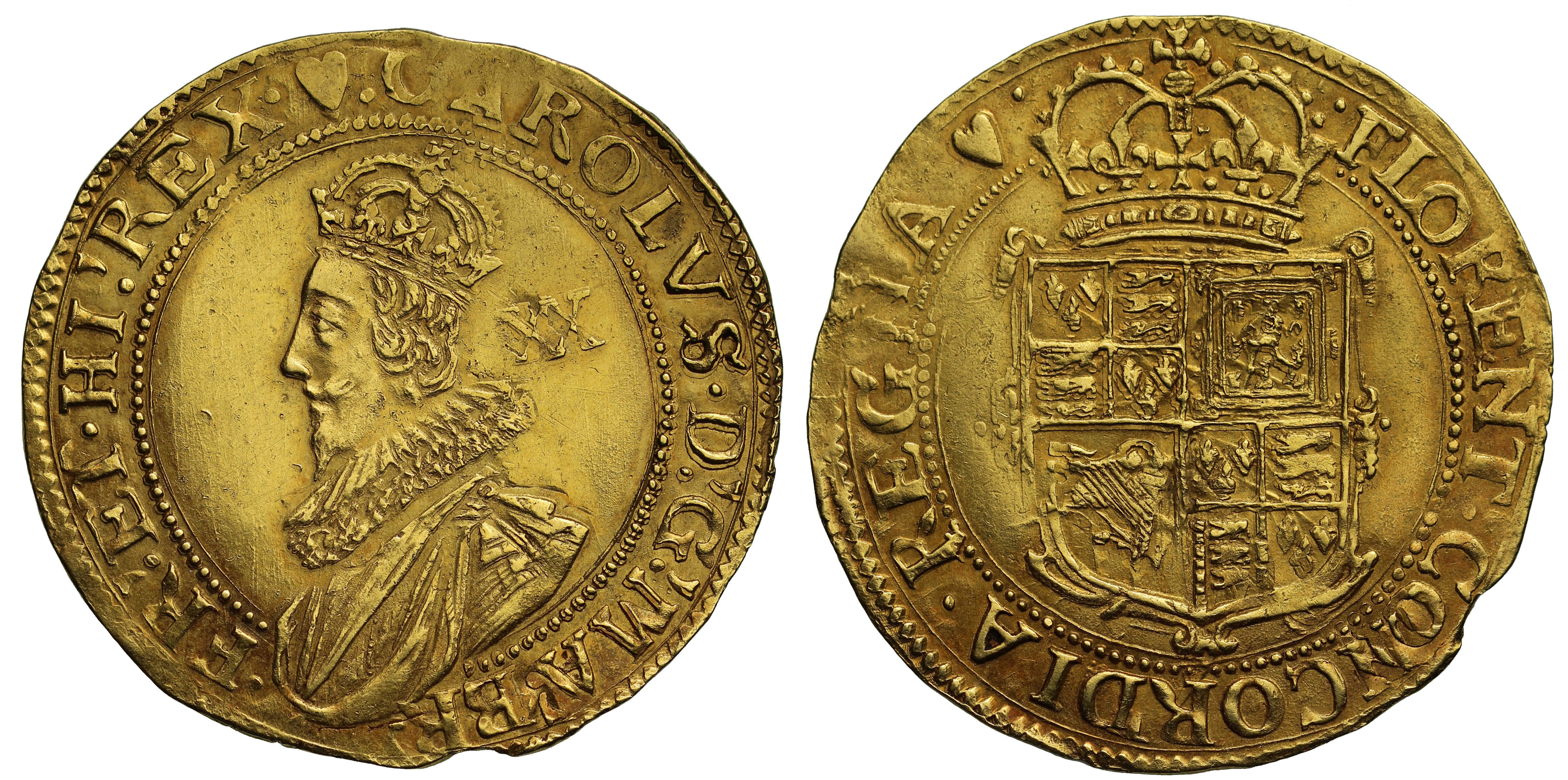 Charles I (1625-49), gold Unite, group B, second crowned and draped bust in ruff left divides