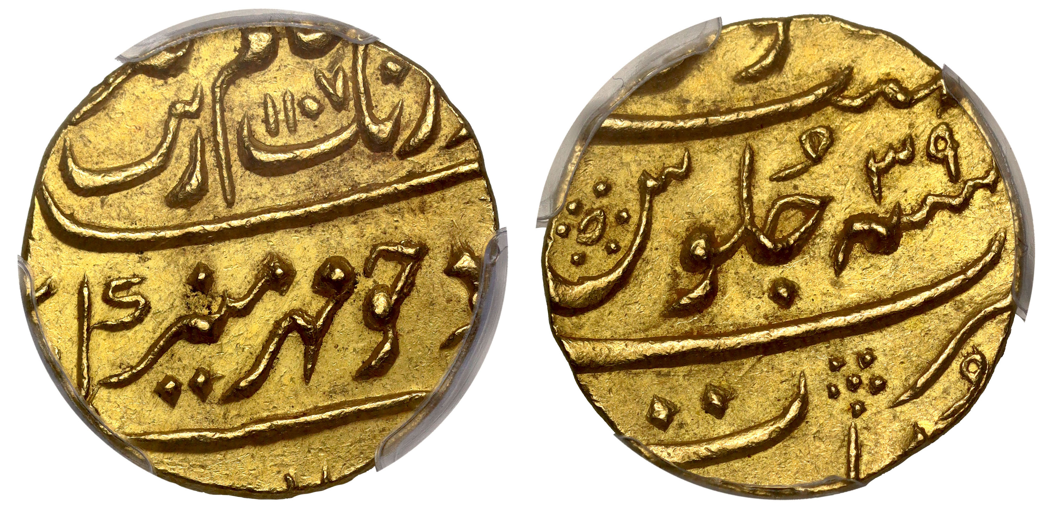 Aurangzeb (AH 1068-1118 / 1658-1707 AD), gold Mohur, Surat, 1107h, regnal year 39, 11.07g, 9h (KM