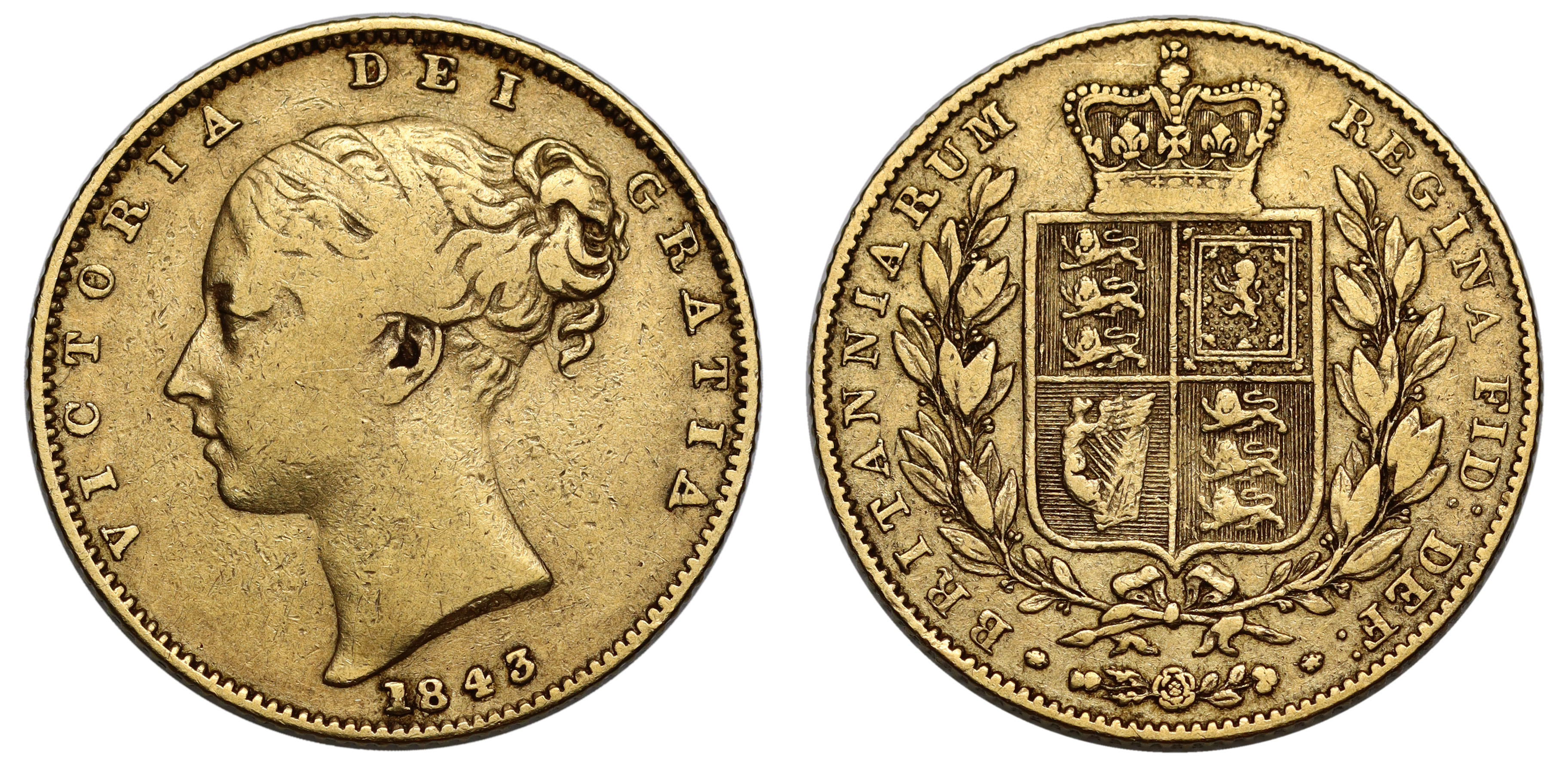 g Victoria (1837-1901), gold Sovereign, 1843, first young head left, W.W. raised on truncation for