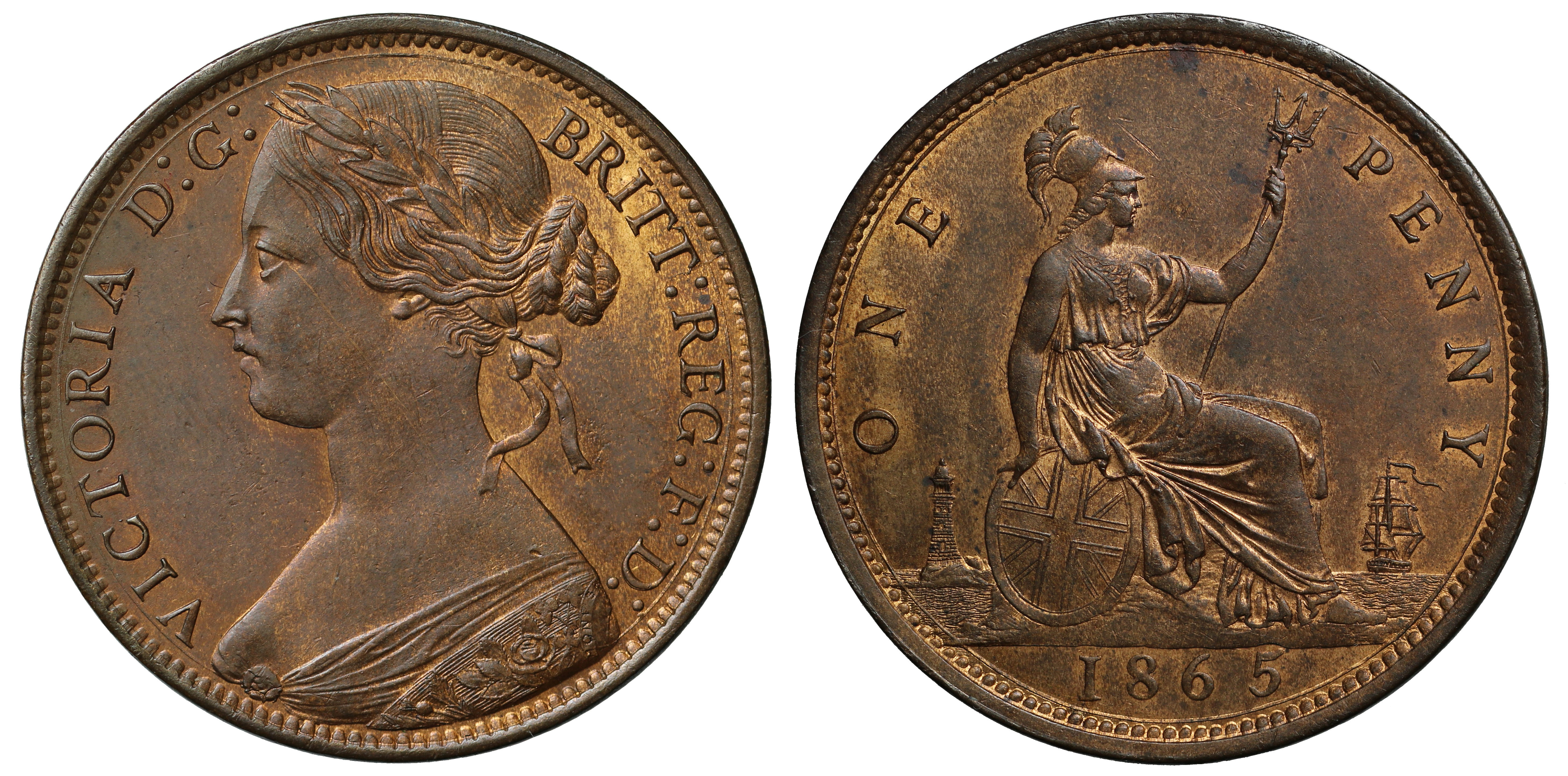 Victoria (1837-1901), Bronze Penny, 1865, laureate "bun" type bust left, no signature below bust,