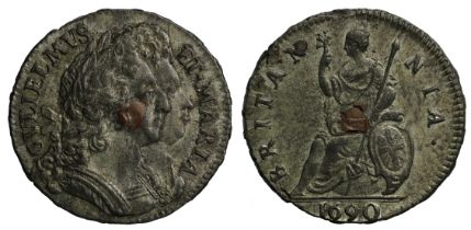 William & Mary (1689-1694), Tin Farthing, 1690, copper plug at centre, second conjoined laureate and