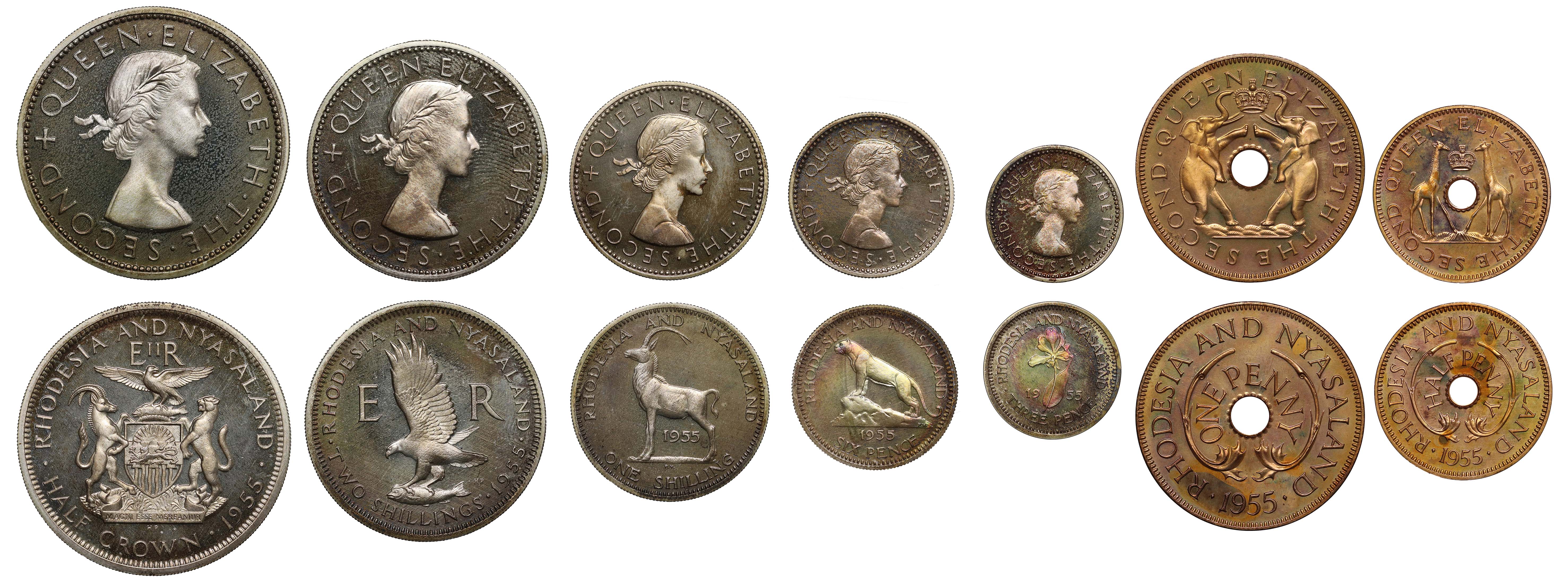 Rhodesia and Nyasaland, Elizabeth II (1952-64), silver and bronze proof 7-coin Set, 1955, consisting