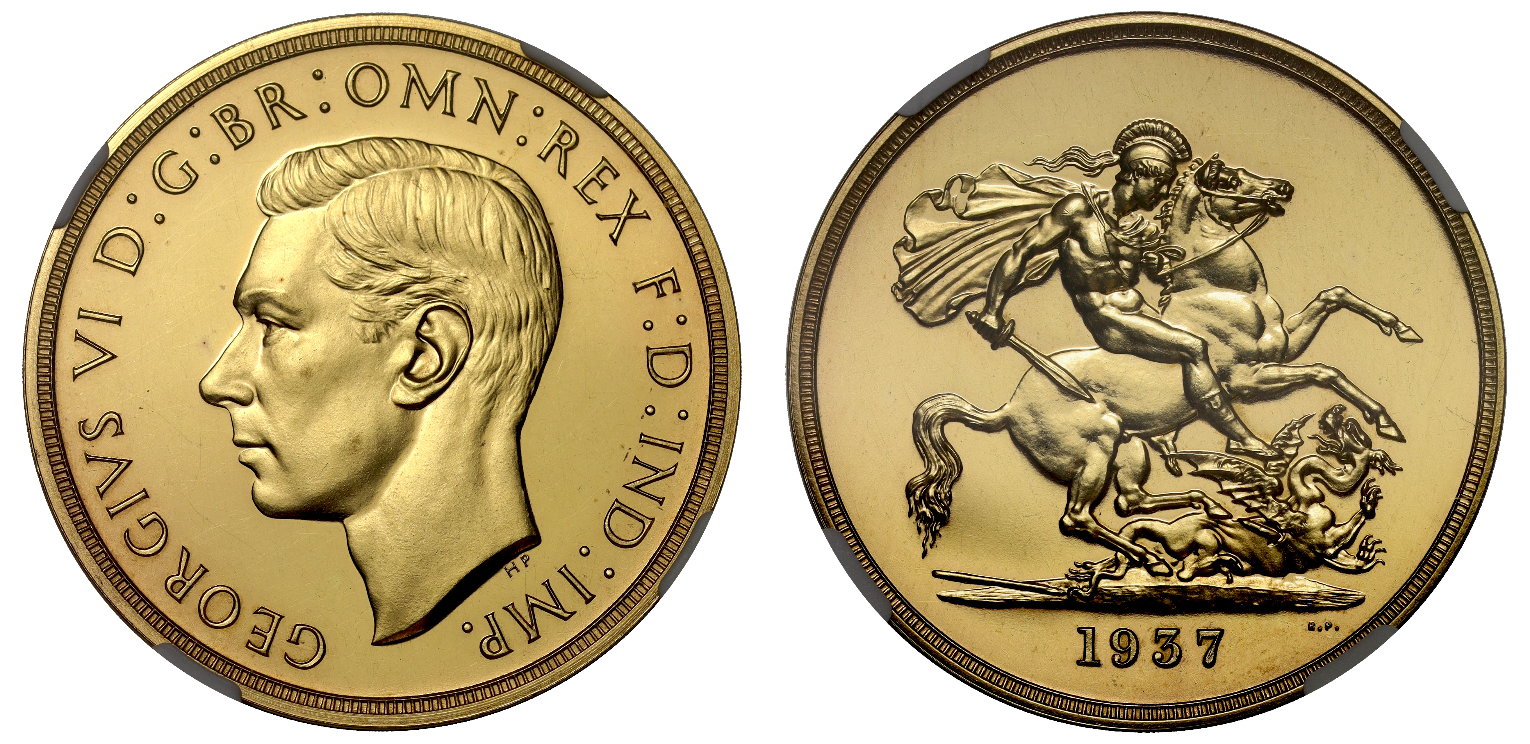 g George VI (1936-52), gold proof Five Pounds, 1937, Coronation issue, bare head left, HP below