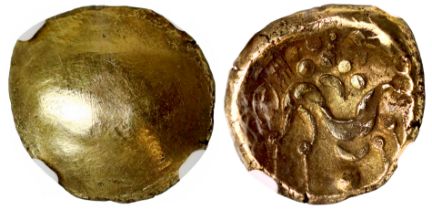 † Celtic, Gaul, Ambiani, gold Stater, Gallic Wars issue, c. 55 BC, obverse plain and convex, rev.