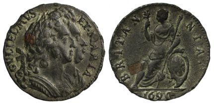 William and Mary (1688-94), Tin Farthing, 1690, copper plug off-centre, second conjoined laureate