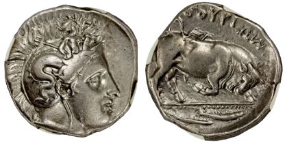 † Italy, Lucania, Thurium, silver Distater, 4th century BC, head of Athena right, wearing Attic
