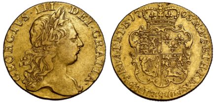 George III (1760-1820), gold Guinea, 1765, third laureate head right, Latin legend surrounding,