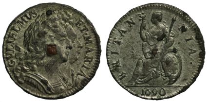 William and Mary (1688-94), Tin Farthing, 1690, copper plug at centre, second conjoined laureate and
