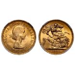 g Elizabeth II (1952-2022), gold Sovereign, 1962, young laureate head right, MG on truncation for