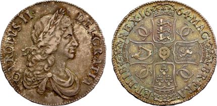 † Charles II (1660-85), silver Crown, 1664, second laureate and draped bust right with crooked ties,