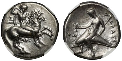 † Italy, Calabria, Tarentum, silver Didrachm, c. 332-302 BC, rider on horseback right, holding