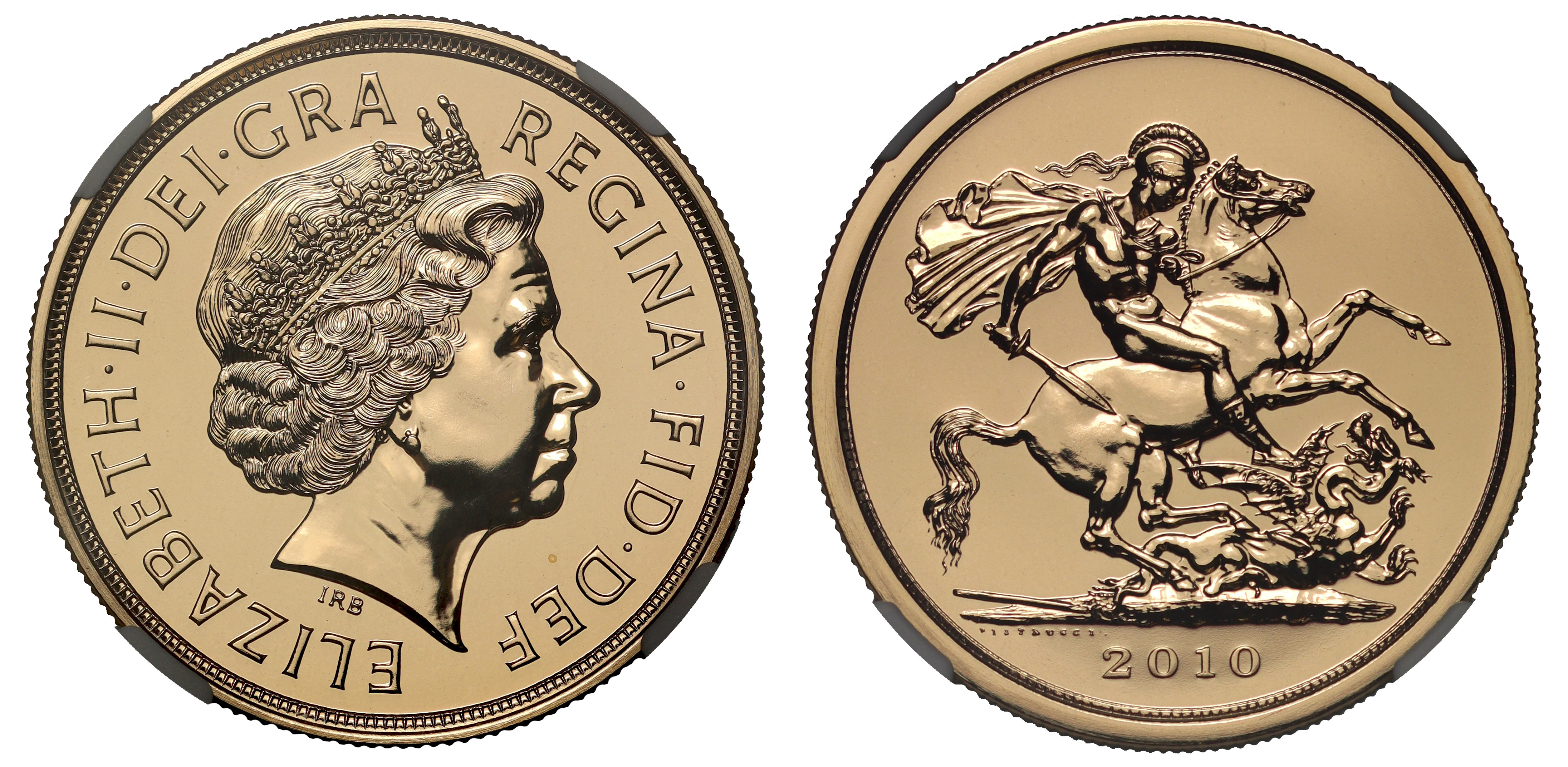g Elizabeth II (1952-2022), gold Five Pounds, 2010, crowned head right, IRB below truncation for