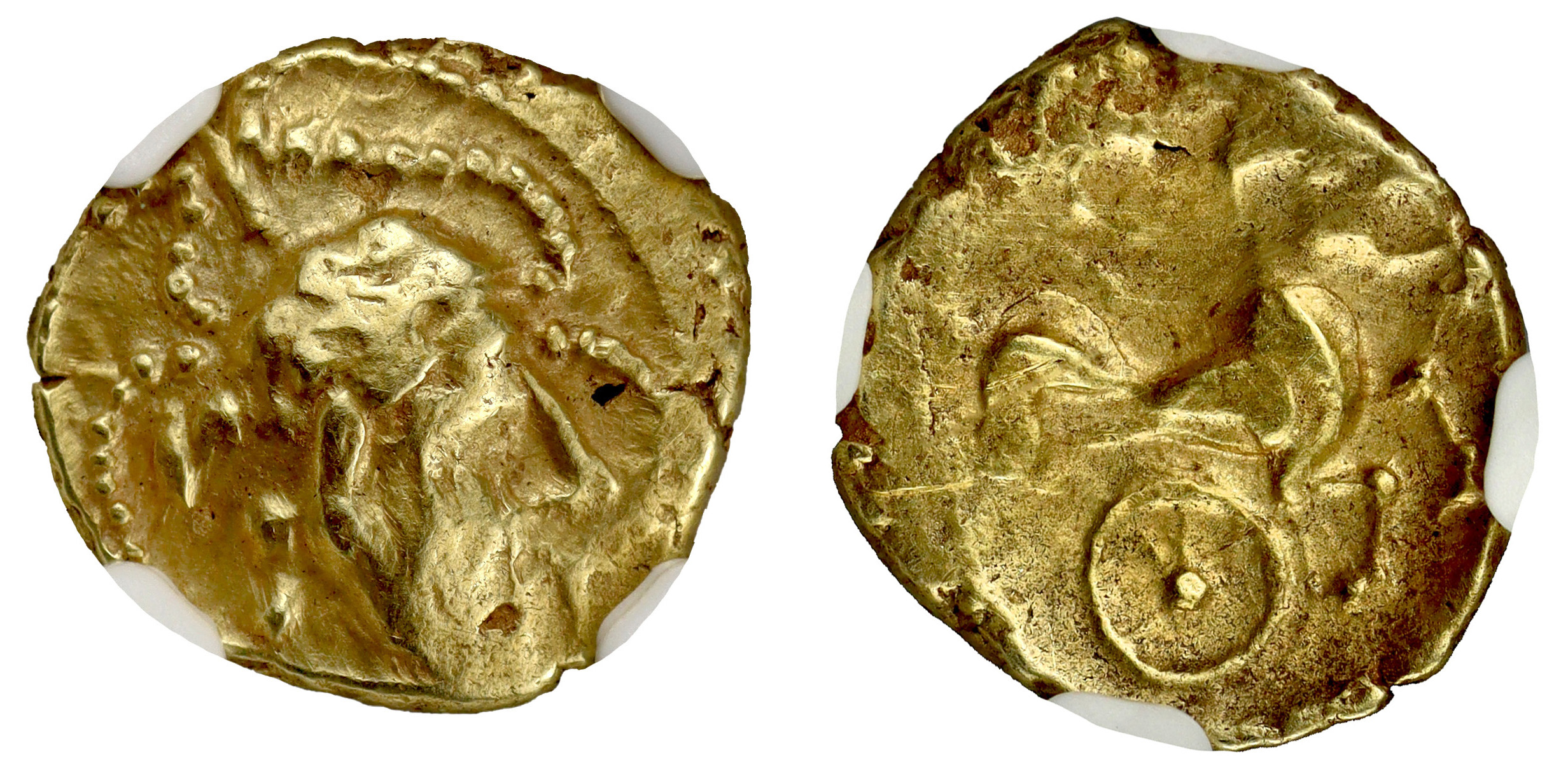 † Celtic, Gaul, Veneti, gold Quarter Stater, 3rd century BC, head right, within pearl border, rev.