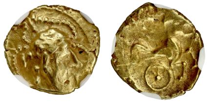 † Celtic, Gaul, Veneti, gold Quarter Stater, 3rd century BC, head right, within pearl border, rev.