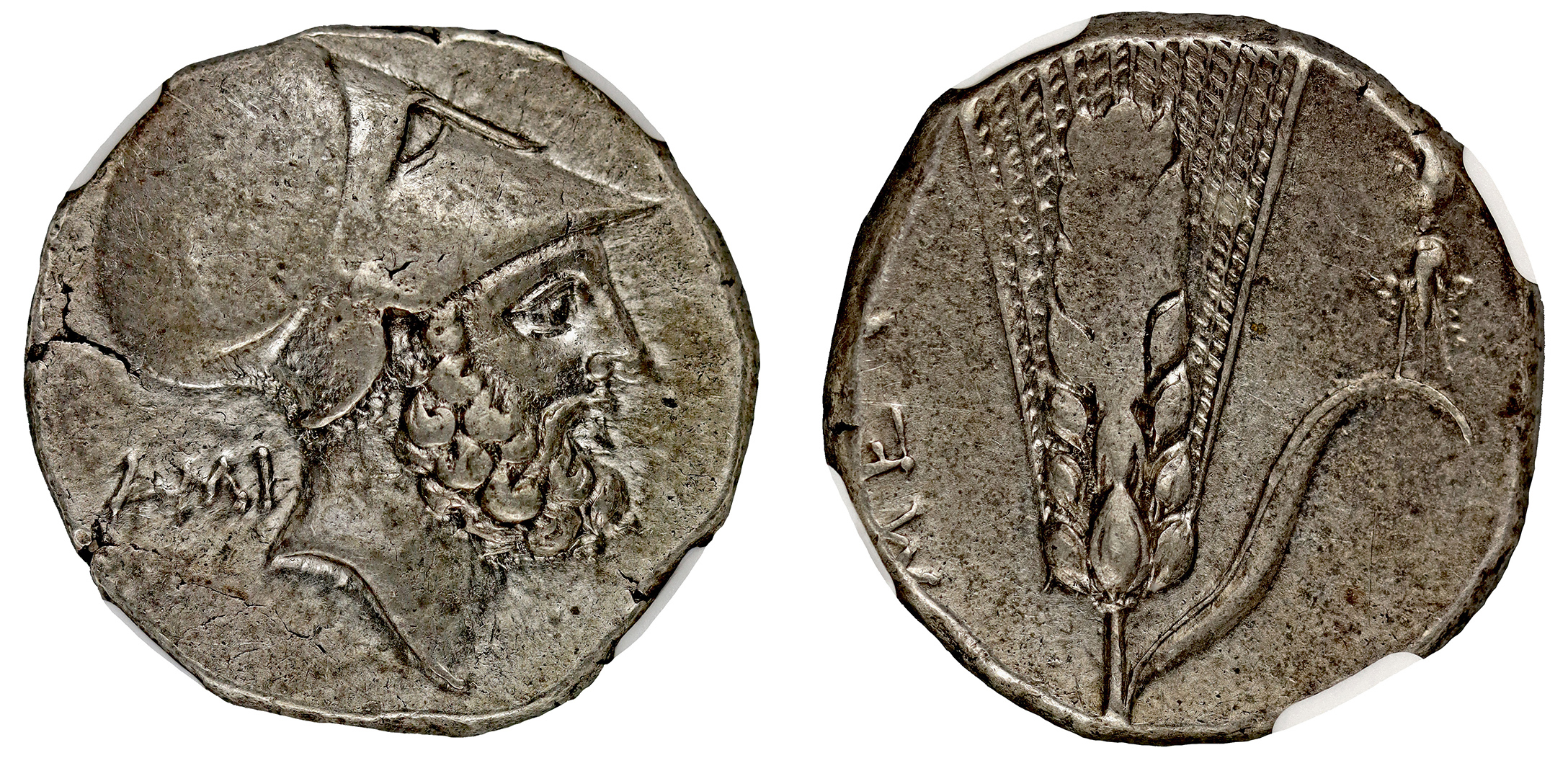† Italy, Lucania, Metapontum, silver Stater, c. 340-330 BC, head of Leukippos right, wearing