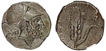 † Italy, Lucania, Metapontum, silver Stater, c. 340-330 BC, head of Leukippos right, wearing