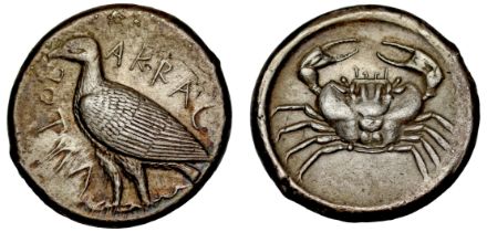 † Sicily, Akragas, silver Tetradrachm, c. 465-446 BC, AKRAC - ANTO? in part retrograde, eagle
