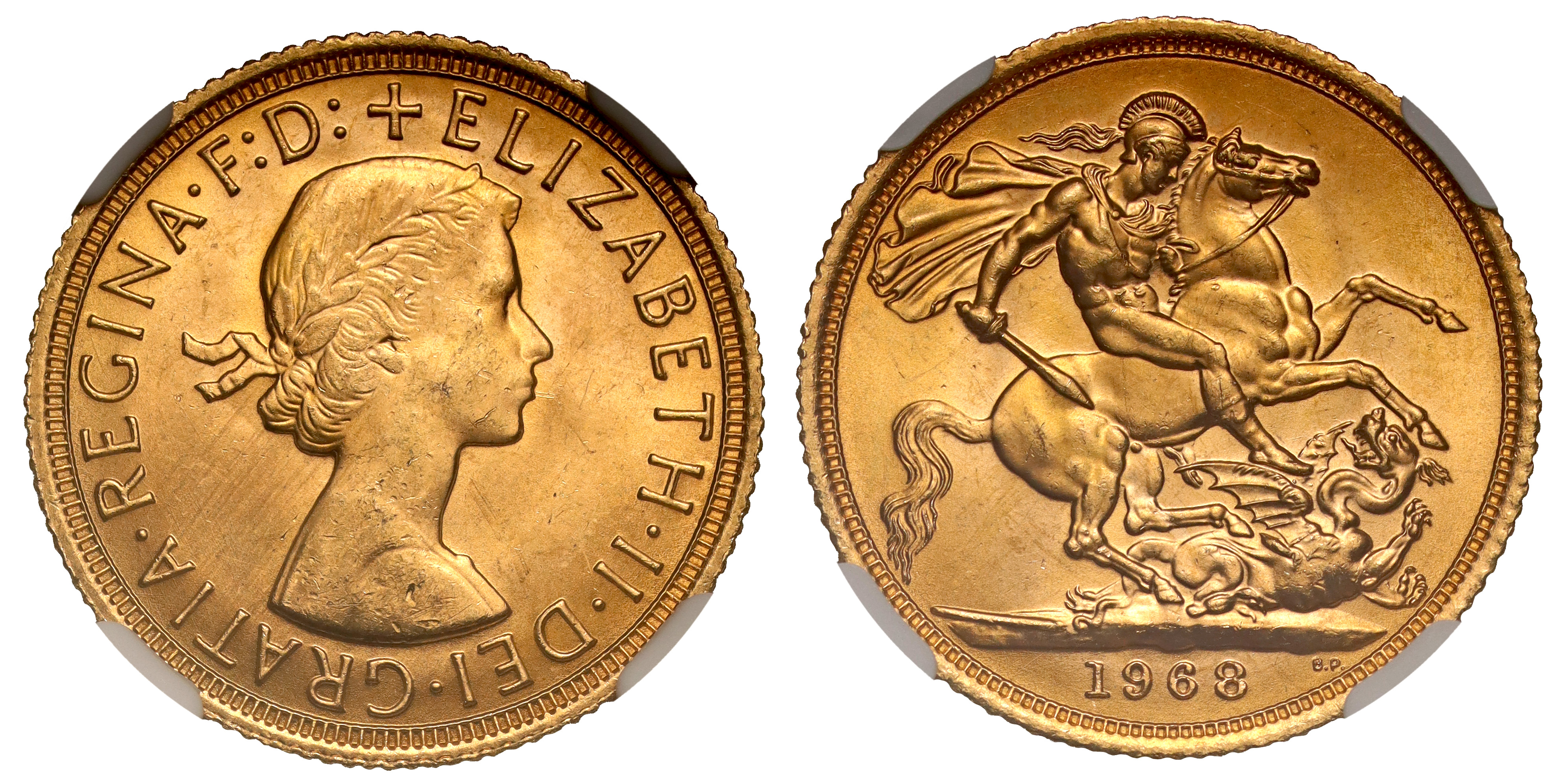 g Elizabeth II (1952-2022), gold Sovereign, 1968, young laureate head right, MG on truncation for