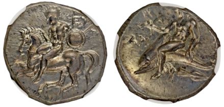 † Italy, Calabria, Tarentum, silver Didrachm, c. 302-280 BC, rider on horseback left, holding