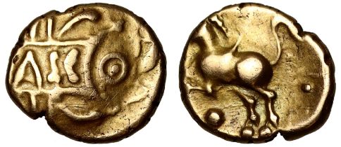 Ancient British, Catuvellauni, Tasciovanus Verlamion, gold Quarter-Stater, [T]ASC on panel on