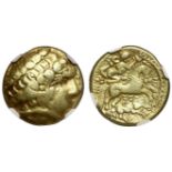 † Celtic, Gaul, Aulerci Eburovices, electrum Hemistater, c. 225-175 BC, devolved head of Apollo