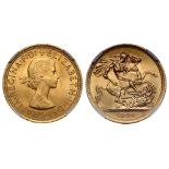 g Elizabeth II (1952-2022), gold Sovereign, 1964, young laureate head right, MG on truncation for