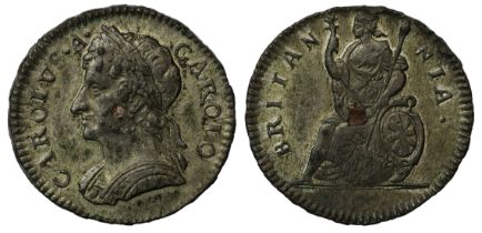 Charles II (1660-85), Tin Farthing, 1684, copper plug at centre, laureate and cuirassed bust left,